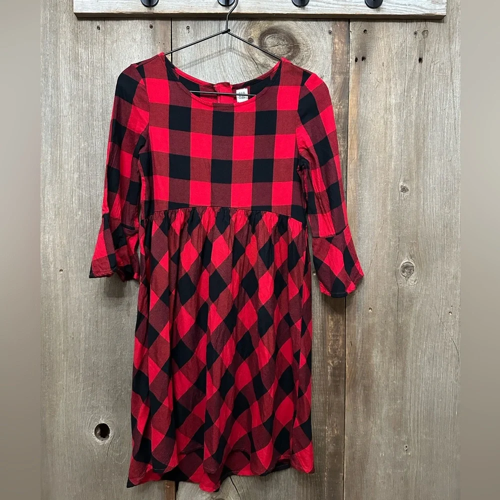 GapKids Buffalo Plaid Bell Sleeve Dress in Red Black Size XXL Regular Girls